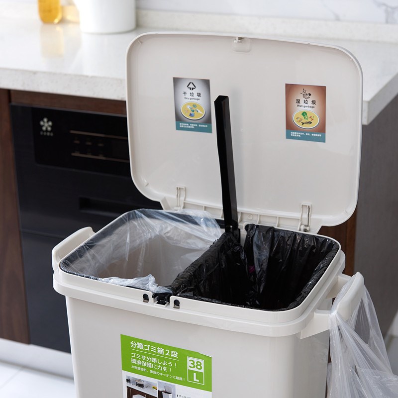 厂家现货双层日式分类垃圾桶干湿分类厨房垃圾箱带滑轮大垃圾