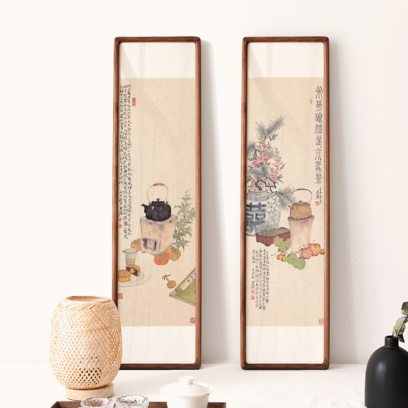 新中式玄关竖版装饰画禅意茶室水墨细长条屏双联酒店民Z宿日式挂图片