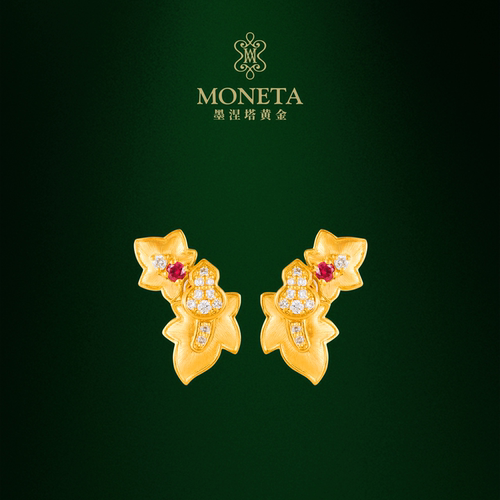 MONETA（黄金）墨涅塔葫芦叶足金红宝石耳饰黄金耳钉