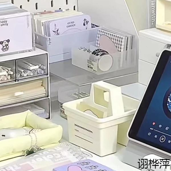 日式手提桌面收纳盒简约学生宿舍多功能分格手账文具杂物整理筐