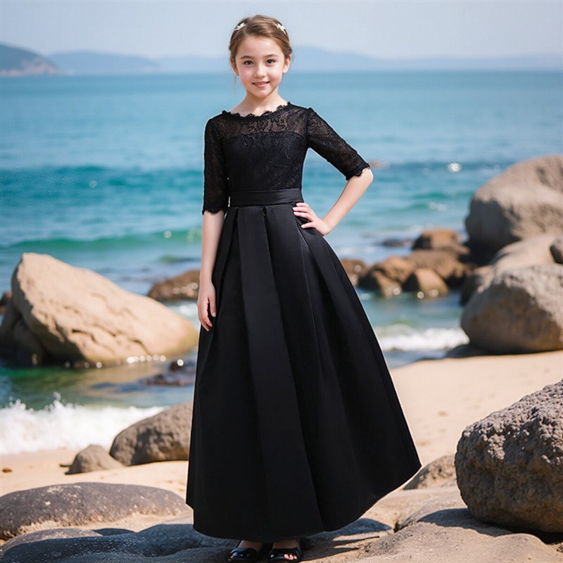 小众轻奢女童黑色钢琴演出服儿童乐团指挥服小提琴演奏服主持长裙