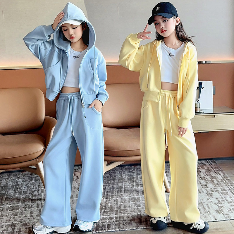 女童秋季卫衣运动连帽套装新款拉链短款帽衫阔腿裤两件套中大童