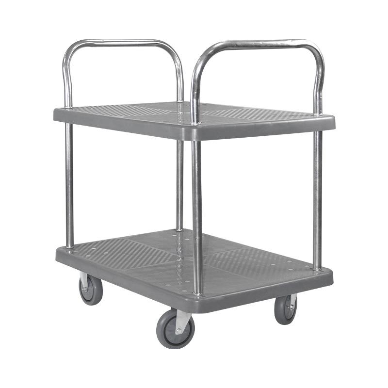 灰色物流手推车双层围栏推车酒店清洁手推车拉货摆摊平板手推车
