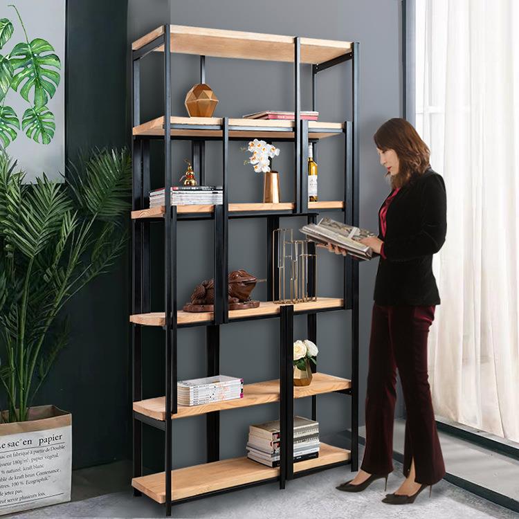 轻奢铁艺实木置物架工业风展示架客厅办公室书架实木隔断屏风架子