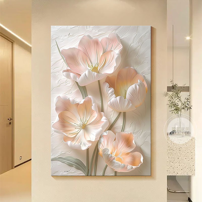 奶油风花卉客厅背景墙装饰画立体浮雕砂岩落地画2024新款玄关挂画图片