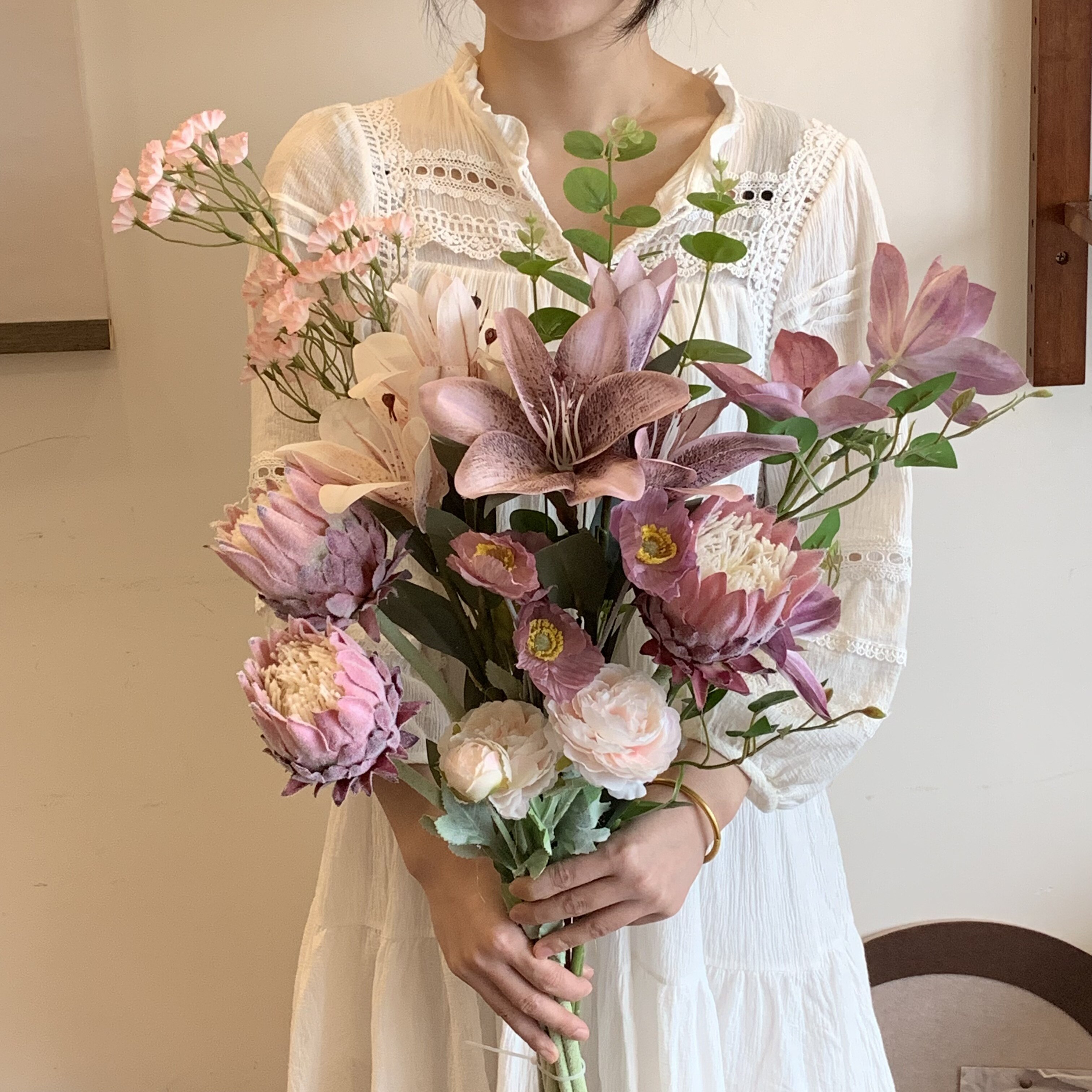 （朦胧）紫色系 帝王花百合花铁线莲仿真花摆件高级感玄关餐桌