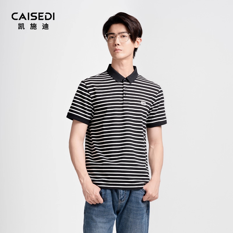 凯施迪条纹翻领短袖黑色修身t恤