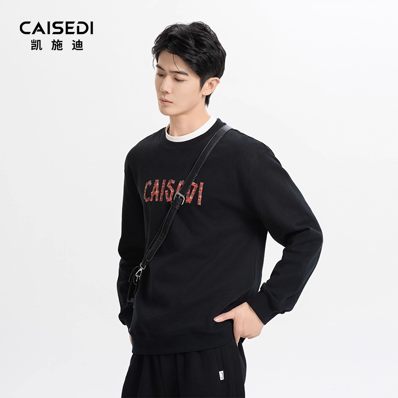 凯施迪立体印花黑色长袖圆领卫衣