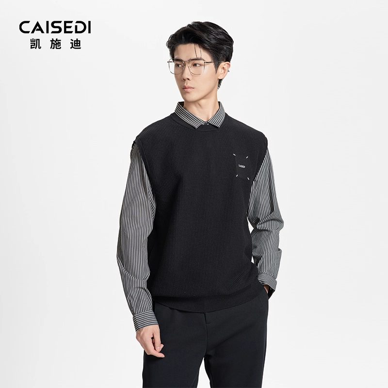 凯施迪翻领假两件针织衬衫男秋冬