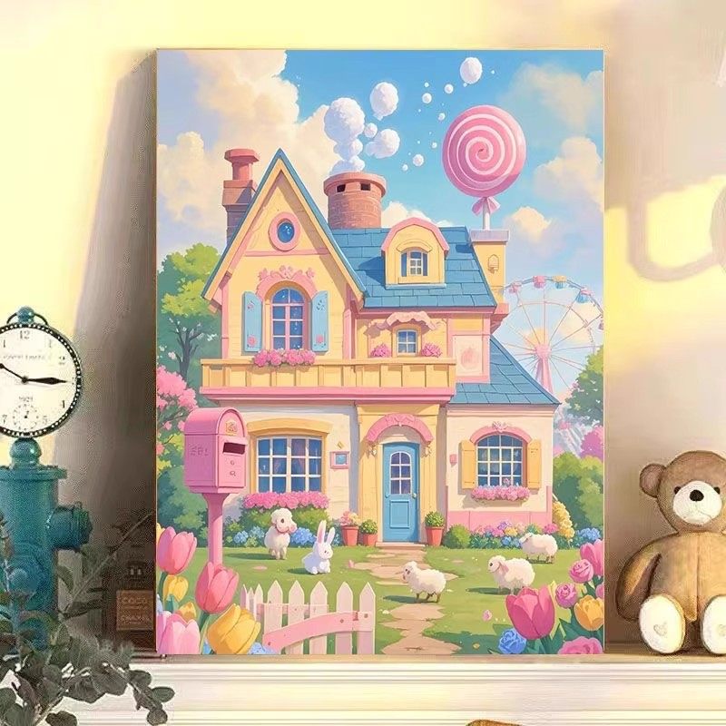 卡通建筑城堡装饰画成品仿油画风景清新唯美可爱儿童卧室客厅挂画