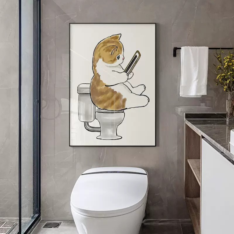 可爱猫咪装饰画卡通仿油画成品简约治愈系卫浴防潮卧室客厅摆挂画