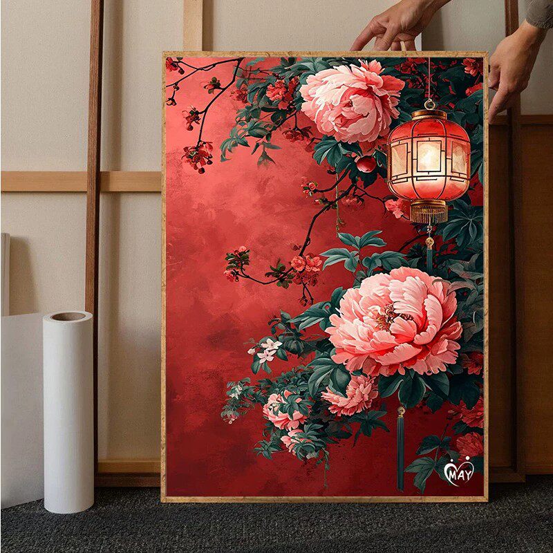 红墙牡丹花卉装饰画国风新中式仿油画风景唯美高级卧室客厅摆挂画