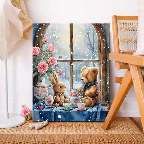 冬季窗台小熊玩偶装饰画成品卡通治愈可爱唯美儿童卧室客厅摆挂画
