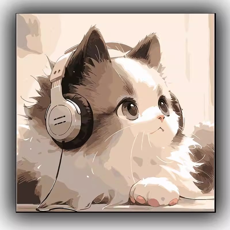 方形可爱猫咪装饰画简约仿油画成品治愈系音乐猫猫卧室客厅摆挂画