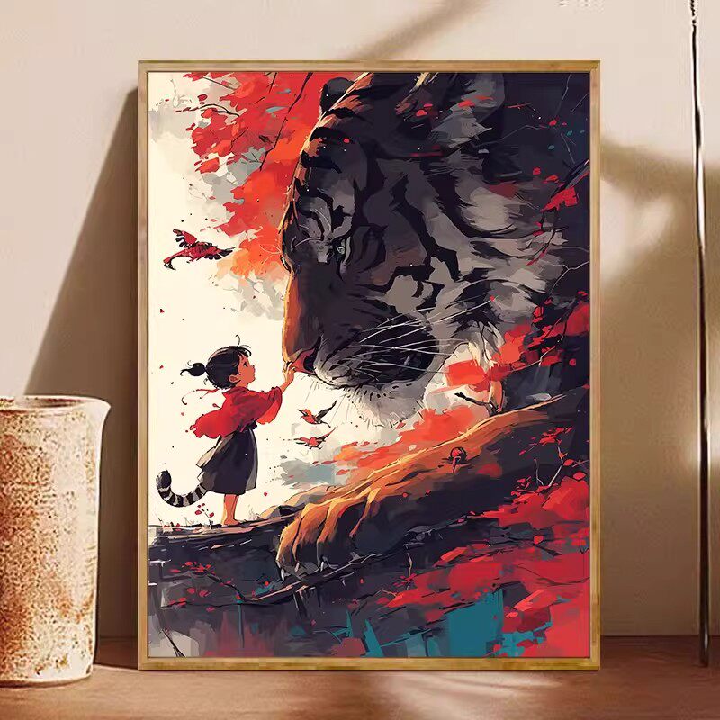 国潮水墨老虎成品装饰画仿油画中国风景小众高级感卧室客厅摆挂画