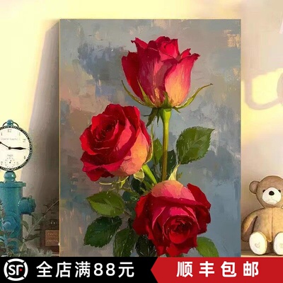 成品油画风玫瑰花卉装饰画小众高级感写实高清唯美卧室客厅摆挂画