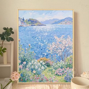 成品莫奈装 饰画仿油画风景唯美小众高级感花卉湖边卧室客厅摆挂画