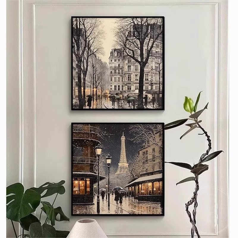 巴黎冬景客厅装饰画轻奢摄影海报艺术卧室床头方形餐厅复古摆挂画