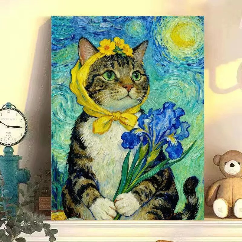梵高风可爱小猫咪星空装饰画创意设计仿油画高级感卧室客厅摆挂画