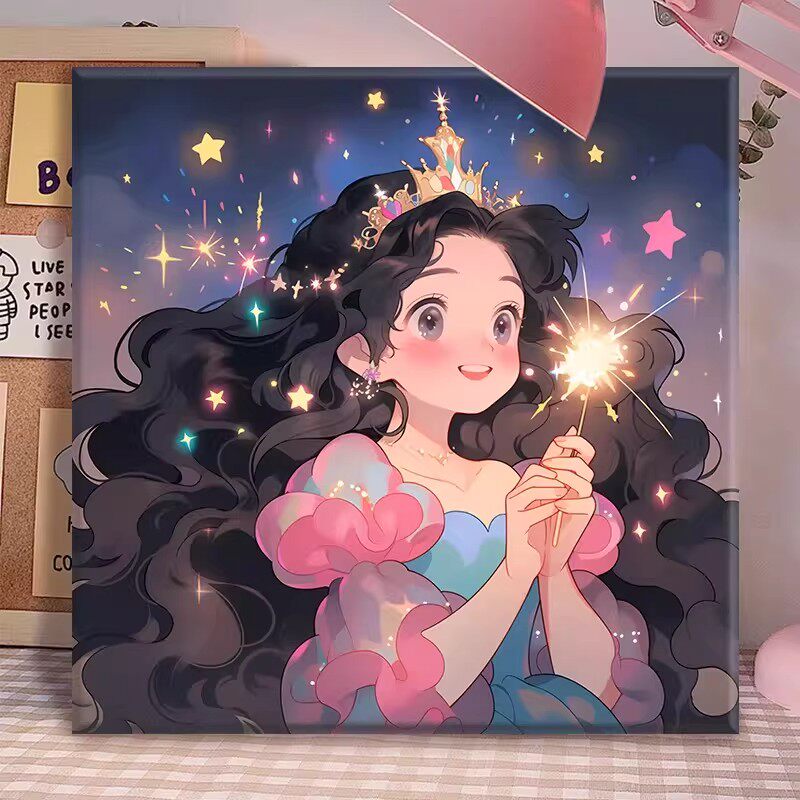 许愿卷发公主温馨装饰画可爱卡通人物梦幻女孩卧室儿童房间摆挂画