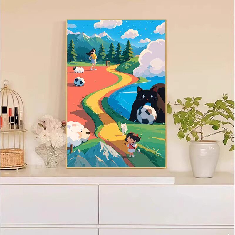 卡通抽象装饰画成品仿油画水彩风景可爱治愈系儿童卧室客厅摆挂画