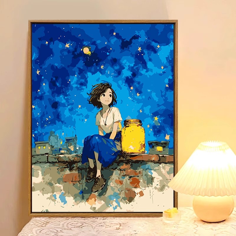 治愈系星空女孩装饰画卡通仿油画风景唯美温馨梦幻卧室客厅摆挂画图片