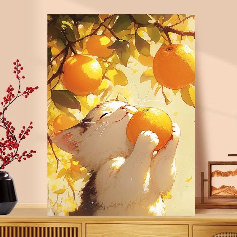 可爱橙子猫咪装饰画卡通温馨治愈系仿油画成品儿童卧室客厅摆挂画