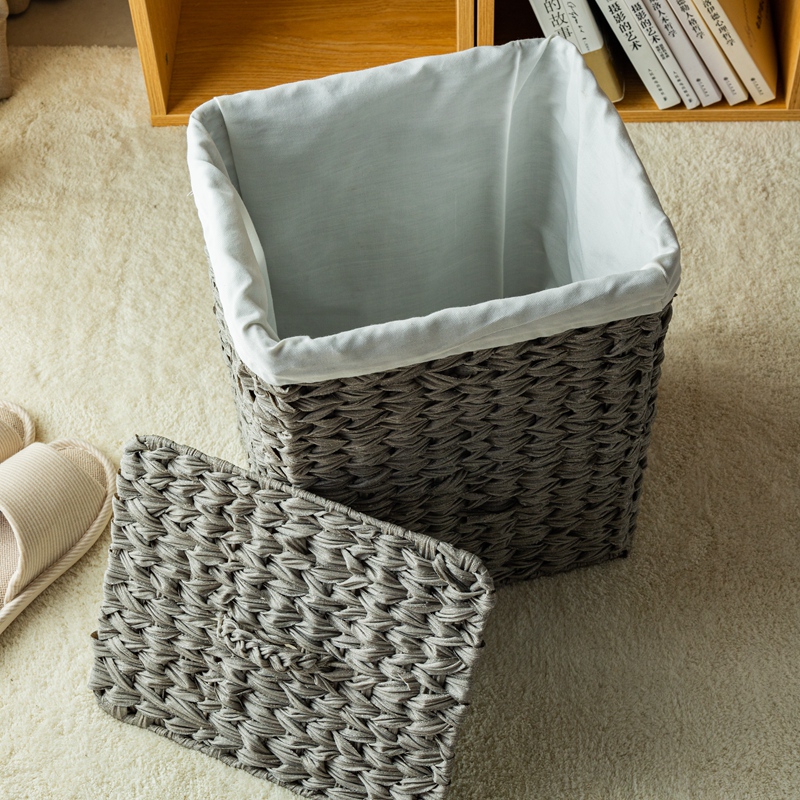 灰色长方形仿藤编脏衣筐带盖子布衬手编洗衣篮仿水仙草编脏衣桶