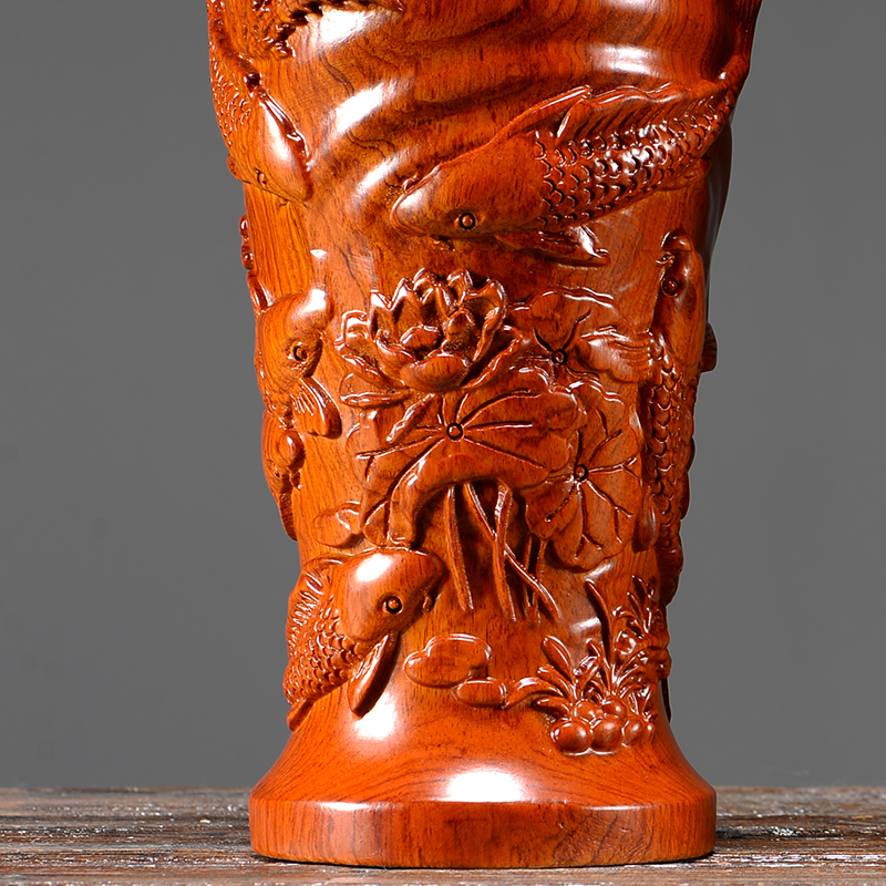 花梨木雕年年有余装饰花瓶摆件 实木客厅插花家居中式花瓶工艺品
