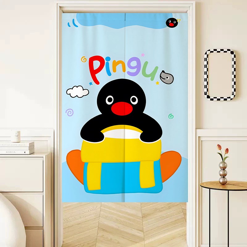 卡通可爱Pingu小企鹅门帘隔断帘免打孔半帘家用卧室遮挡帘子挂帘