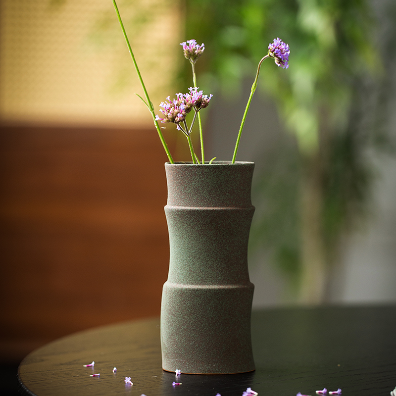 复古中式绿色仿竹子书房陶瓷小花瓶磨砂文人客厅桌面民宿插花器