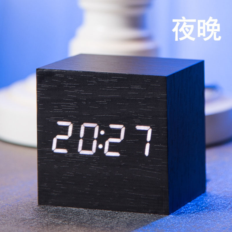 时尚闹钟LED声控木头钟 创意电子钟卧室床头钟学生座钟表温度
