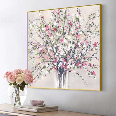 手绘平安富贵花卉油画餐厅装饰画轻奢高级感玄关画2024年新款高端