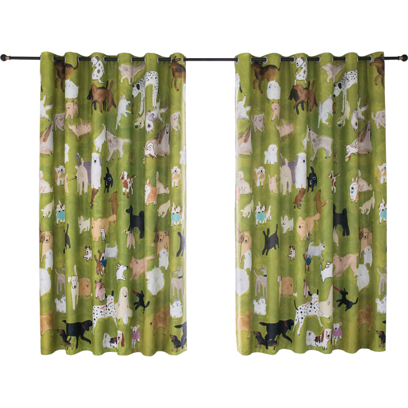 小狗复古绿窗帘全遮光卧室客厅免打孔卡通隔热全遮阳布202年新款