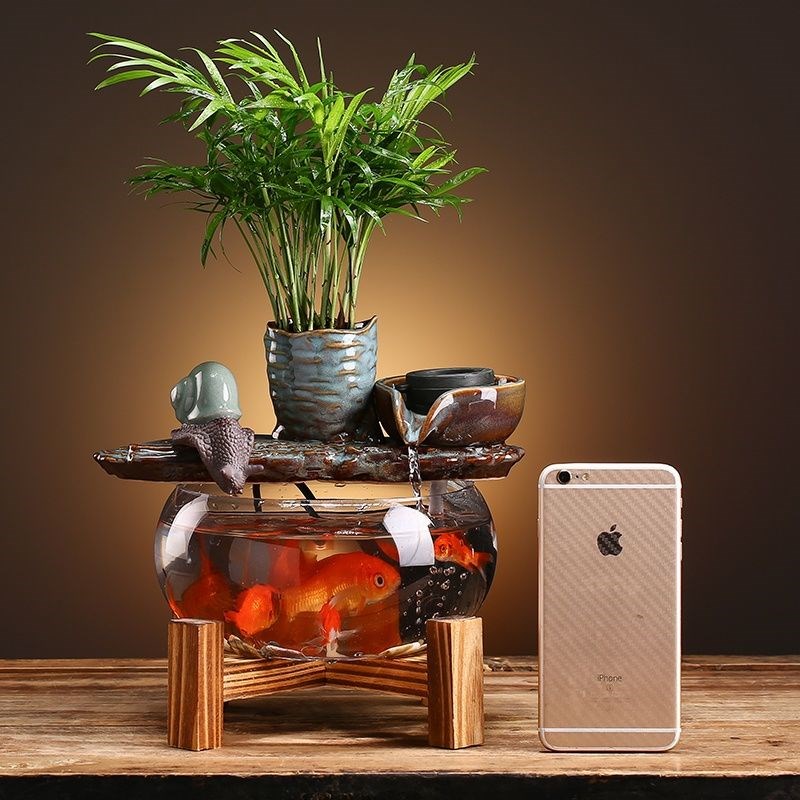 小型鱼缸自动循环流水转运生财桌面喷泉创意摆件业送礼