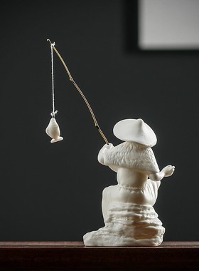 陶瓷姜太公钓鱼小家居博古架客厅园艺盆景鱼缸造景装饰品摆设