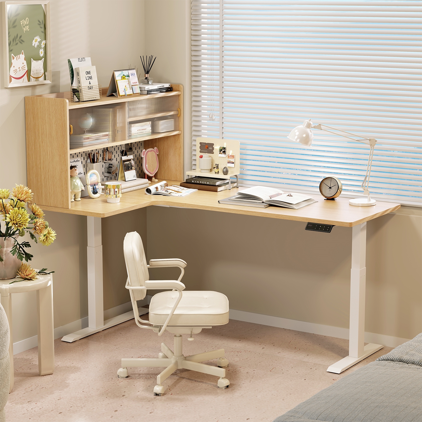 电动升降桌子实木l型台式电脑桌卧室家用书柜转角一体书桌学习桌