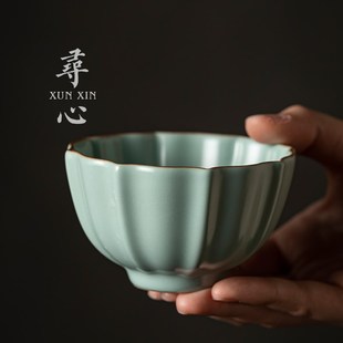 汝瓷主人杯开片可养n手工仿宋天青色汝窑品茗杯单杯陶瓷莲花杯青