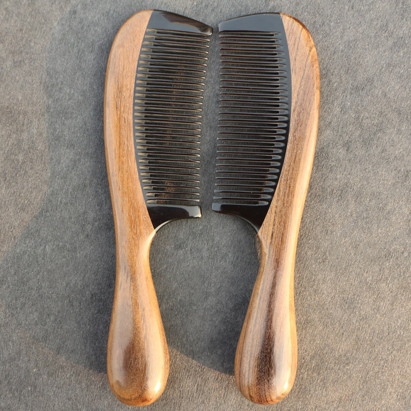 天然沉贵宝木梳子拼牛角梳子密细齿按摩保健家用梳防静电长18厘米