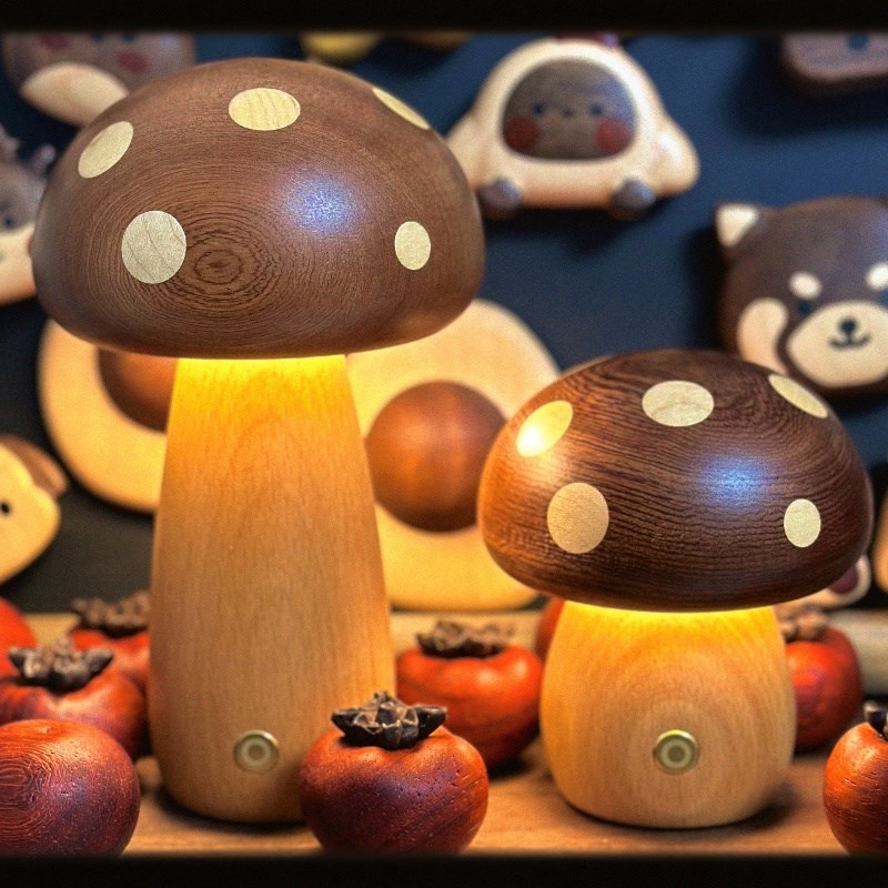 实木可爱蘑菇灯卧室氛围灯儿童房床头小夜灯桌面装饰台灯