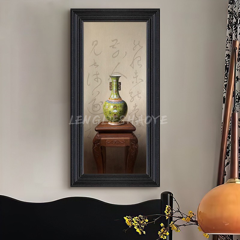中式绿色青花瓷静物摆件客厅茶室装饰挂画玄关过道复古风手绘油画图片