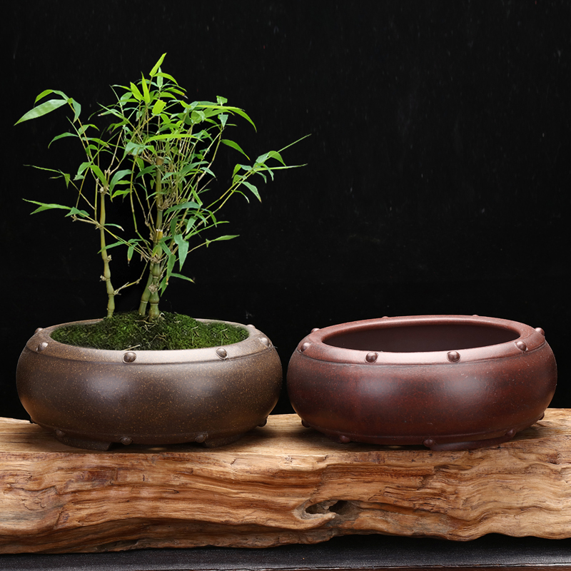 紫砂花盆仿古圆形古典桌面盆景盆古铜色多肉植物菖蒲专用盆兰草盆