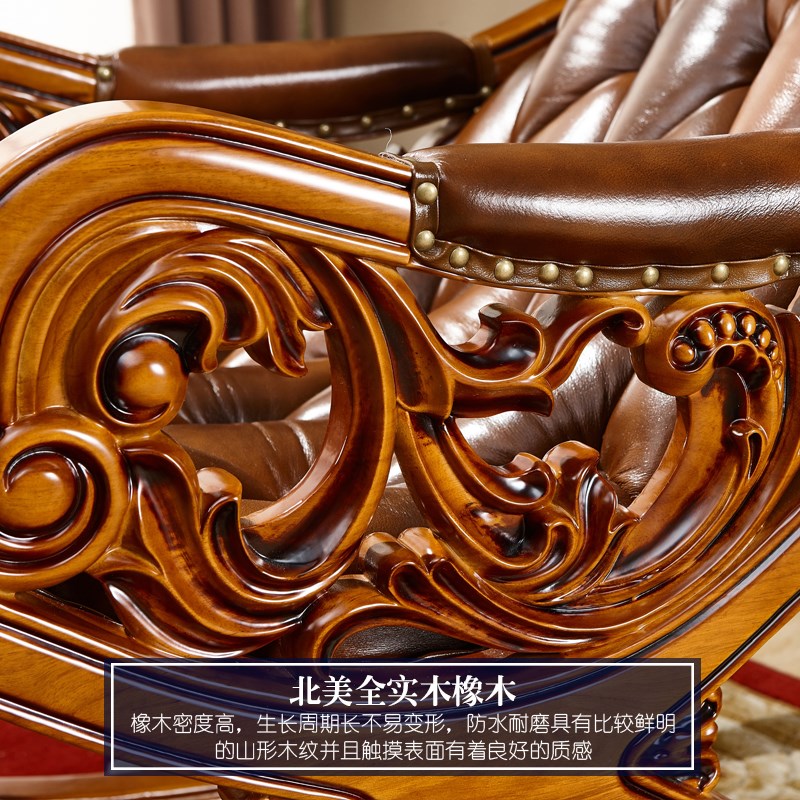 欧式摇椅卧室阳台休闲午休椅全实木真皮头层牛皮躺椅子午睡沙发椅