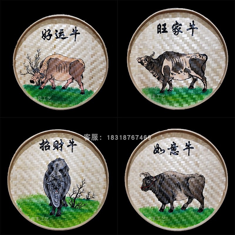 定制手工绘画簸箕画农家乐挂饰五牛图火锅店饭店墙壁装饰品挂画图片