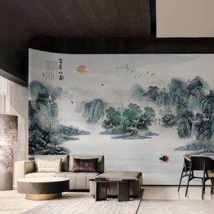 电视背景墙墙布写意山水新中式 墙布 壁纸家用定制壁画无缝 墙纸