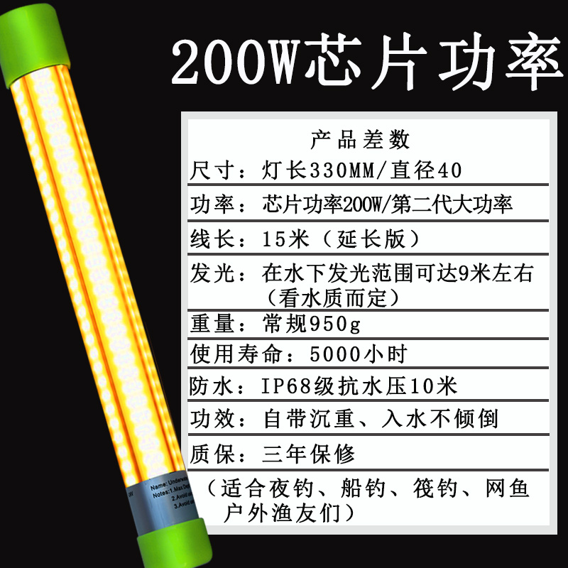 康耐12V鱿鱼带鱼筏钓翘嘴灯水下诱鱼集鱼白绿黄光夜U钓灯200瓦防
