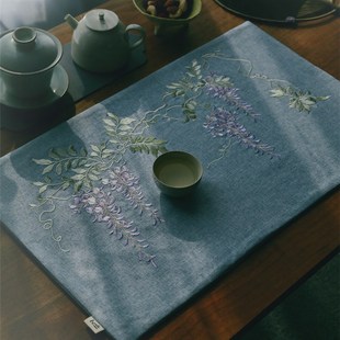 茶席干泡茶道文 引之刺绣紫藤茶垫棉麻q茶席布艺礼品复古茶布中式