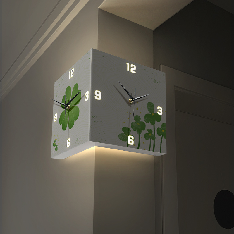 现代简约双面转角钟表挂钟免打孔客厅清新植物时钟发光拐角钟挂墙