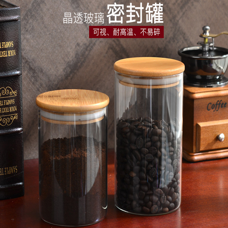 竹盖耐热玻璃密封罐瓶子带盖茶叶干果储物罐透明咖啡豆粉食品容器