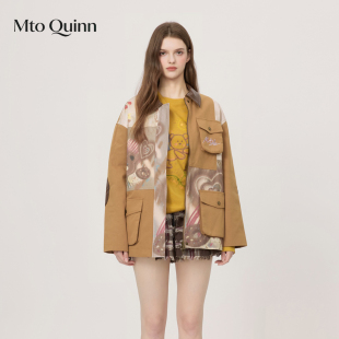 MTO QUINN时尚复古设计翻领小熊拼皮撞色印花棉服女款上衣宽松版
